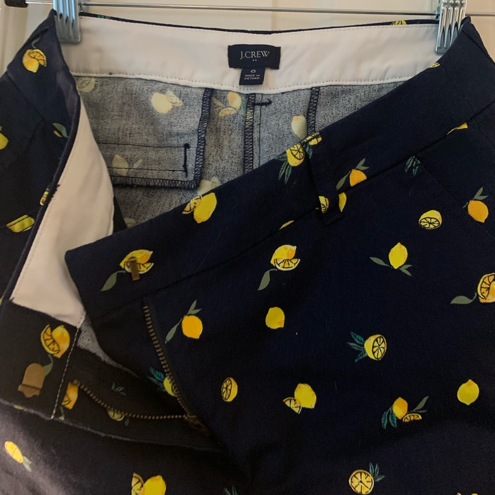J.Crew navy shorts with lemon print.